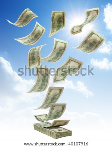 falling dollars to stack, isolated on white