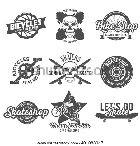Set of vintage biking and skating logo, badges, design elements and labels. 