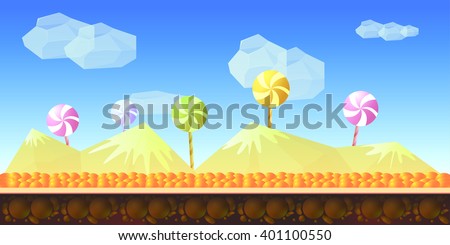 Candy game background 2d game application. Vector design. Tileable horizontally. Size 1024x512. Ready for parallax effect