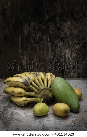 Tropical fruit still life, Banana and mango