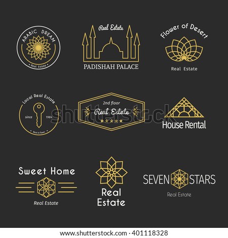 Asian real estate logo templates set. Vector ethnic ornamental design for agency, house and apartment rental, construction services or apartment repairs.