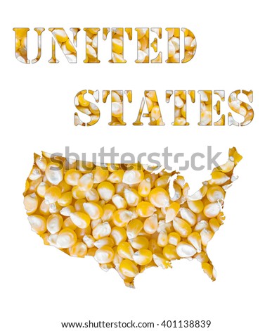 A texture of yellow corn maize seeds with the shape of the word United States and the country geographical map outline