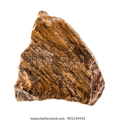 close up shot of a fragment of tiger's eye mineral isolated on a white background