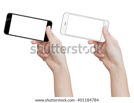 hand holding phone isolated on white clipping path inside image data