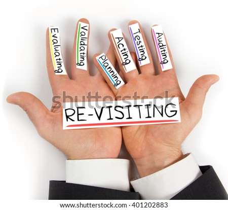 Photo of hands holding RE-VISITING paper cards with concept words