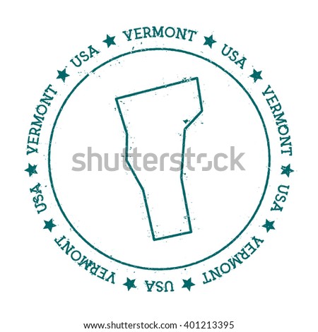 Vermont vector map. Retro vintage insignia with US state map. Distressed visa stamp with Vermont text wrapped around a circle and stars. USA state map vector illustration.