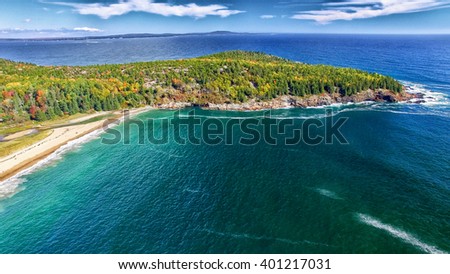 Beautiful fall colors of Acadia, Maine. Aerial view from helicopter.