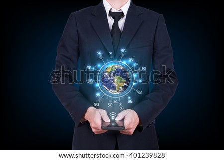 wide web connection concept. Hand holding mobile phone connected browsing internet worldwide world map background. 5g data plan provider. Elements of this image are furnished by NASA
