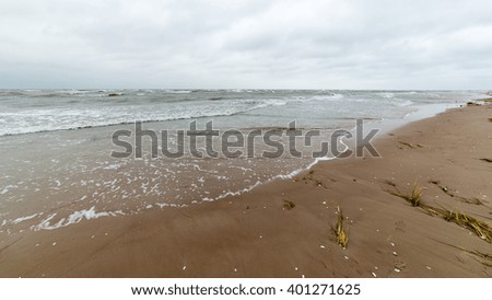 Baltic beach in fall with clouds and waves towards deserted dunes. cloudy day