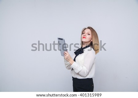 woman with a tablet pc isolated on white