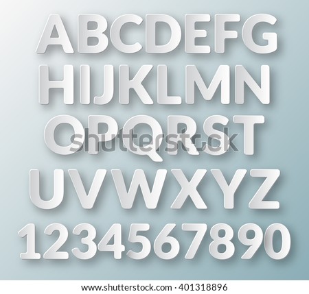 Floating paper letters and numbers of the alphabet on a light blue background