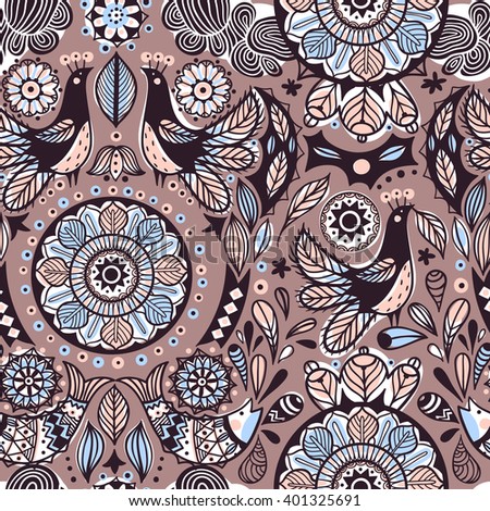  vector seamless pattern with folk elements, fish and birds on a brown background