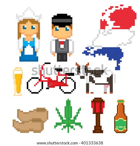 Netherlands culture symbols icons set. Pixel art. Old school computer graphic style.