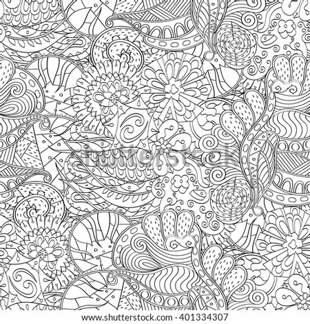 Tracery seamless calming pattern. Mehendi design. Ethnic monochrome binary harmonious doodle texture. Black and white. Indifferent discreet. Curved doodling mehndi motif. Vector.