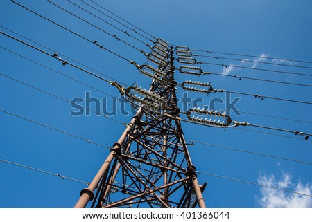 High voltage metal construction pylon with blue sky in the background.