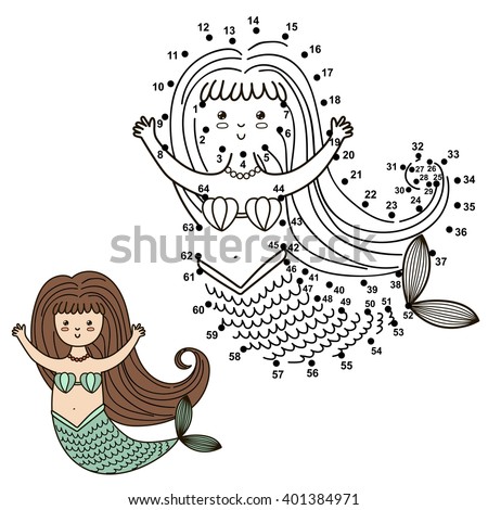 Connect the dots to draw the cute mermaid and color it. Educational numbers and coloring game for children. Vector illustration