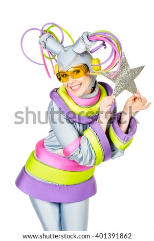 Fancy Dress Party. Woman in Futuristic Yellow Glasses and Creative Metallic silver Costume.image isolated over white background