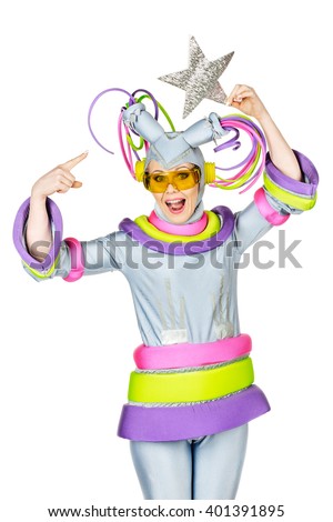 Fancy Dress Party. Woman in Futuristic Yellow Glasses and Creative Metallic silver Costume.image isolated over white background