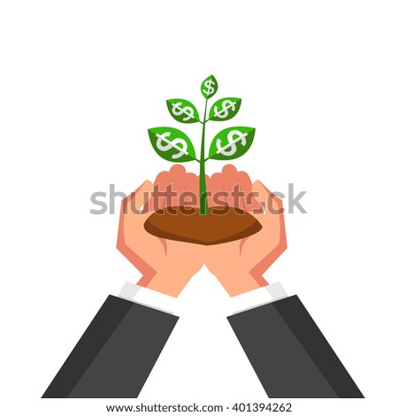 Young money or business startup sprout growing in caring hands businessman. Flat style vector illustration.