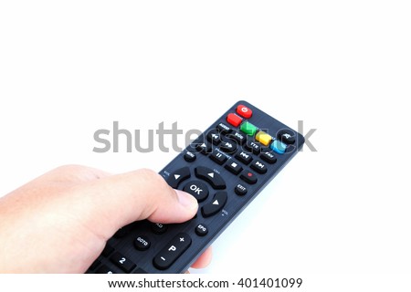 Left hand holding TV remote control on white background Royalty-Free Stock Photo #401401099