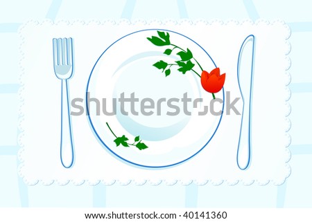 Table set with plate and cutlery, vector