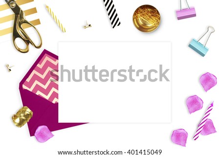 Template Invitation card, Mock up for your photo or text Place your work.
Opening envelope on white background and stationery. Flat lay. Woman still. Workspace.