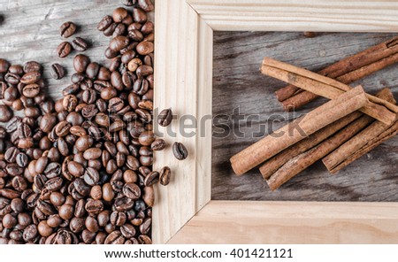 wooden frame, coffee beans