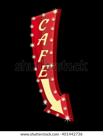 Retro neon sign for cafe on black background. Glowing arrow. American advertisement style. Vector illustration