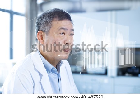 old asian man analysis experiment report in modern lab