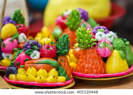 Bunch of "To He", Vietnamese old traditional children toy, made of rice powder and eatable colorful dyes