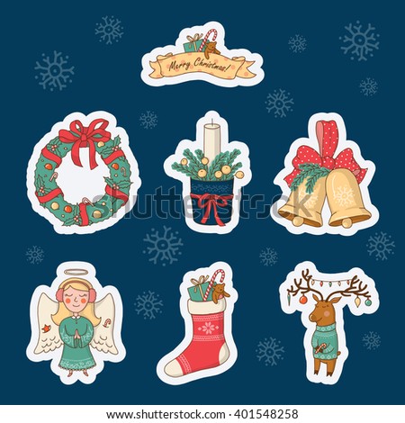 Set of Christmas and New Year cute vector design elements with cartoon characters