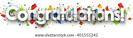 Congratulations paper banner with color confetti. Vector illustration. Royalty-Free Stock Photo #401555242