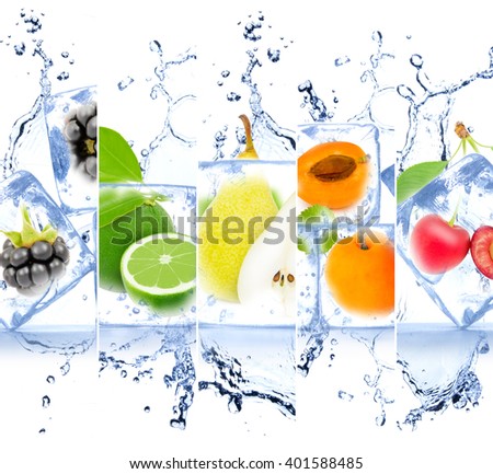 Photo of rainbow color fruit and ice cubes mix with white space for text