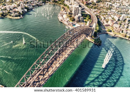 Sydney Harbour Bridge. Aerial view from helicopter on a beautiful day.
