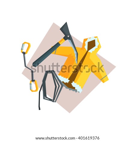 Set Of Items For Mountaineering Flat Colorful Vector Illustration In Primitive Geometric Style Isolated On White Background