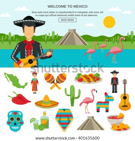 Mexico flat icon set of native symbol with natural landscape background banner element vector illustration