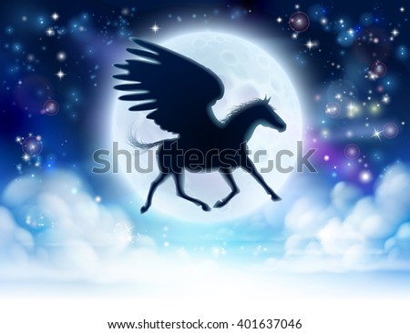 Pegasus the mythological horse flying in silhouette against the full moon 
