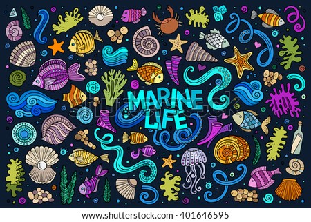 Colorful vector hand drawn Doodle cartoon set of marine life objects and symbols