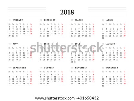 Simple Calendar Template for 2018 Year. Stationery Design. Week starts Monday. Vector Illustration