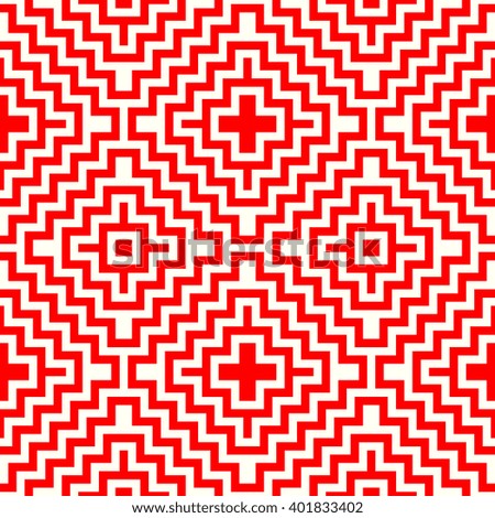 Seamless pattern with symmetric geometric ornament. Striped red white abstract background. Abstract repeated broken lines wallpaper. Vector illustration