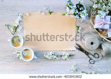 Spring background with space for text ,spring flowers and coffee,rustic lifestyle