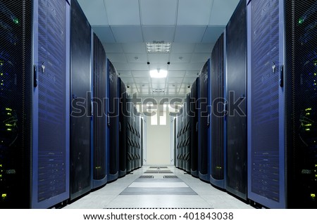 server room with modern mainframe equipment in data center Royalty-Free Stock Photo #401843038