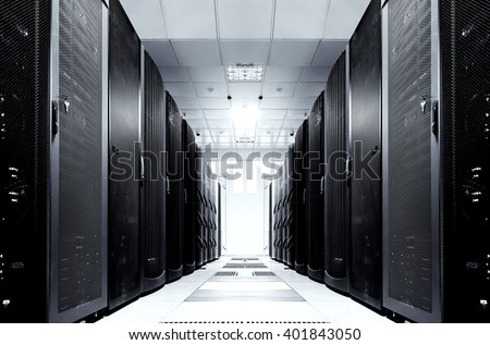 server room with modern mainframe equipment in data center Royalty-Free Stock Photo #401843050