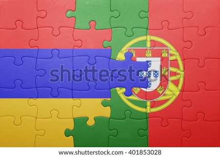 puzzle with the national flag of portugal and armenia . concept