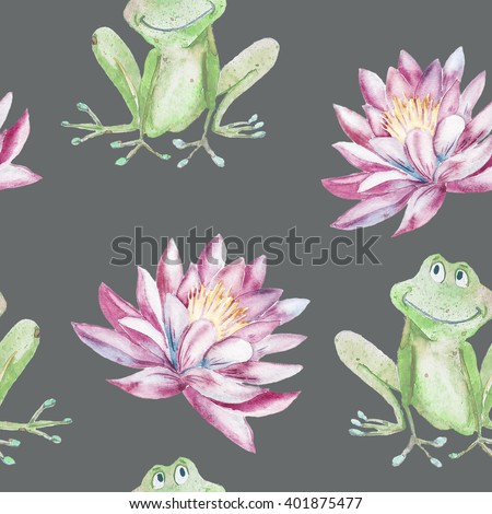 Frog, lily. Watercolor seamless pattern.