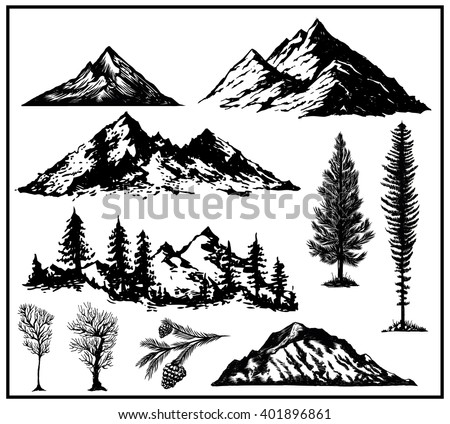 Outdoor Art Hand drawn nature pines cones mountains landscape black and white vector illustration board