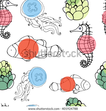 Pattern of marine animals contours seahorse, fish, jellyfish