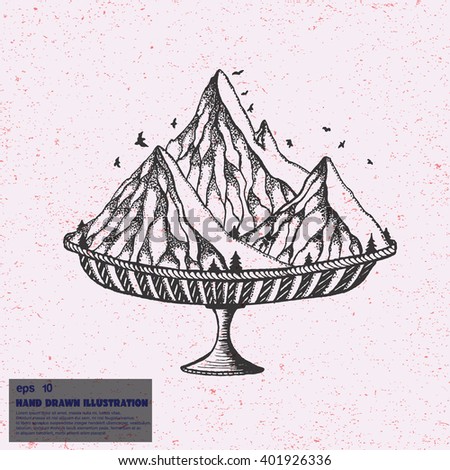 Vintage sketch of mountains. Hand drawn illustration in line art style on space background. Tattoo sketch of mountain ice-cream.
