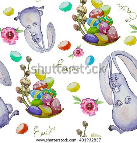 Easter bunny with a basket of colored eggs 