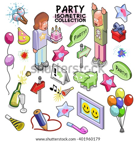 Cheerful party collection, festive items for your birthday, anniversary, celebration. Isometric vector set.